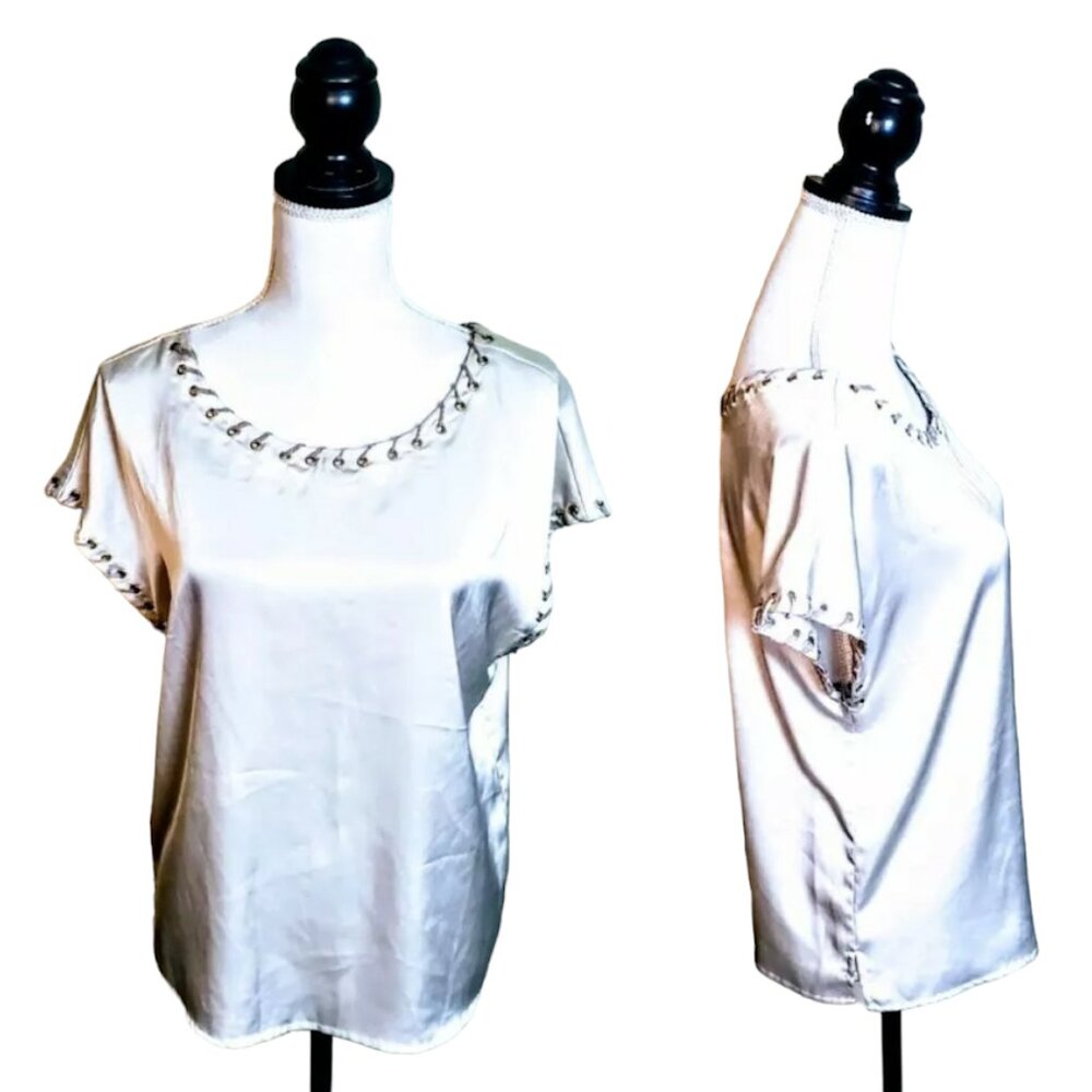 VINCE CAMUTO Top, Ivory Cream Silky Polyester Short Cap Sleeve Boho Career, S